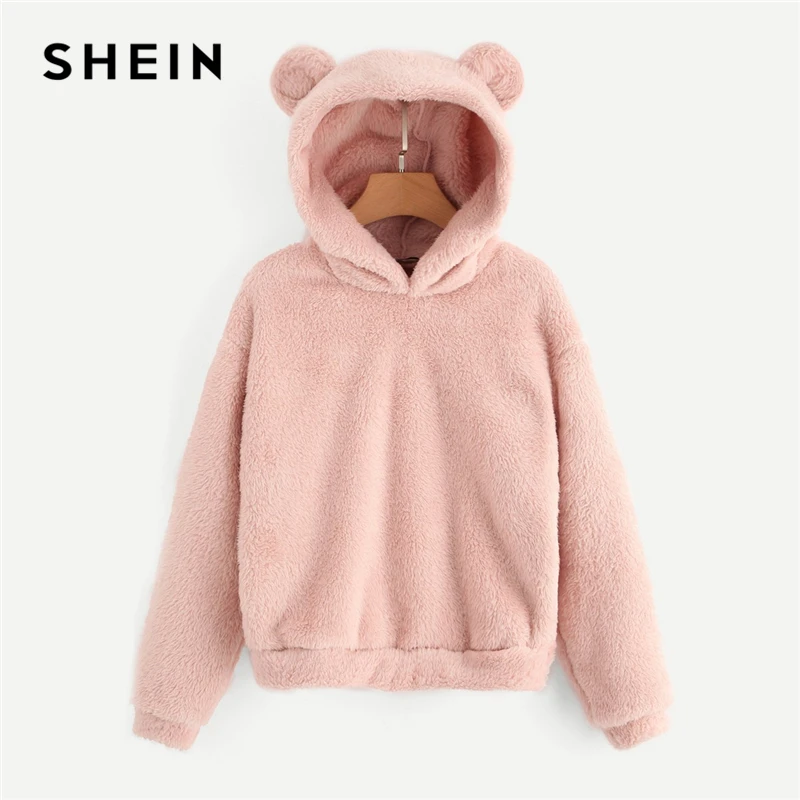 

SHEIN Preppy Lovely With Bears Ears Solid Teddy Hoodie Pullovers Sweatshirt Autumn Women Campus Casual Sweatshirts