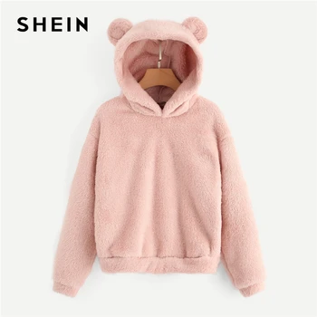 SHEIN Однотонный Свитшот С Капюшоном Модная Толстовка Тедди С Длинным Рукавом