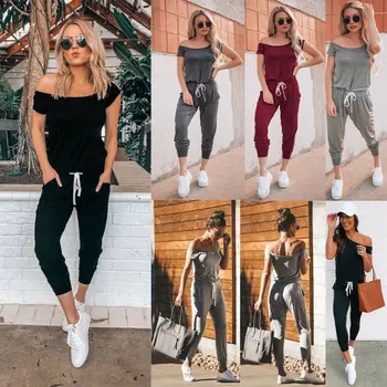 

2019 Fashion Women's Off Shoulder Solid Casual Loose Playsuit Bodycon Short Sleeve Jumpsuit Romper Trousers