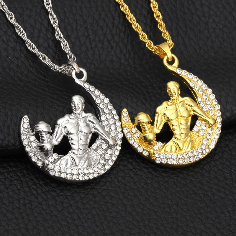 

Shellhard New Crystal Bodybuilding on Moon Fitness Man Pendant Necklace for Men Hip Hop Chain Necklace Fashion Jewelry