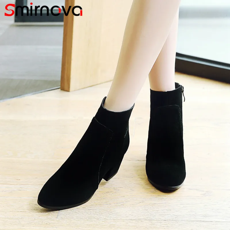 

Smirnova round toe 2020 women ankle boots solid high heel boots square heels zipper cow suede high quality fashion boots