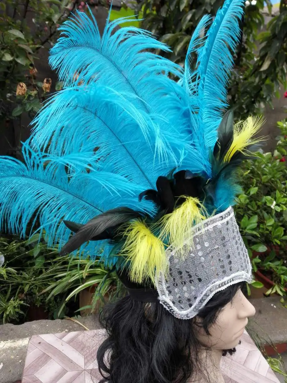 Showgirl Turquoise Open Face Ostrich feather Headdress With silver