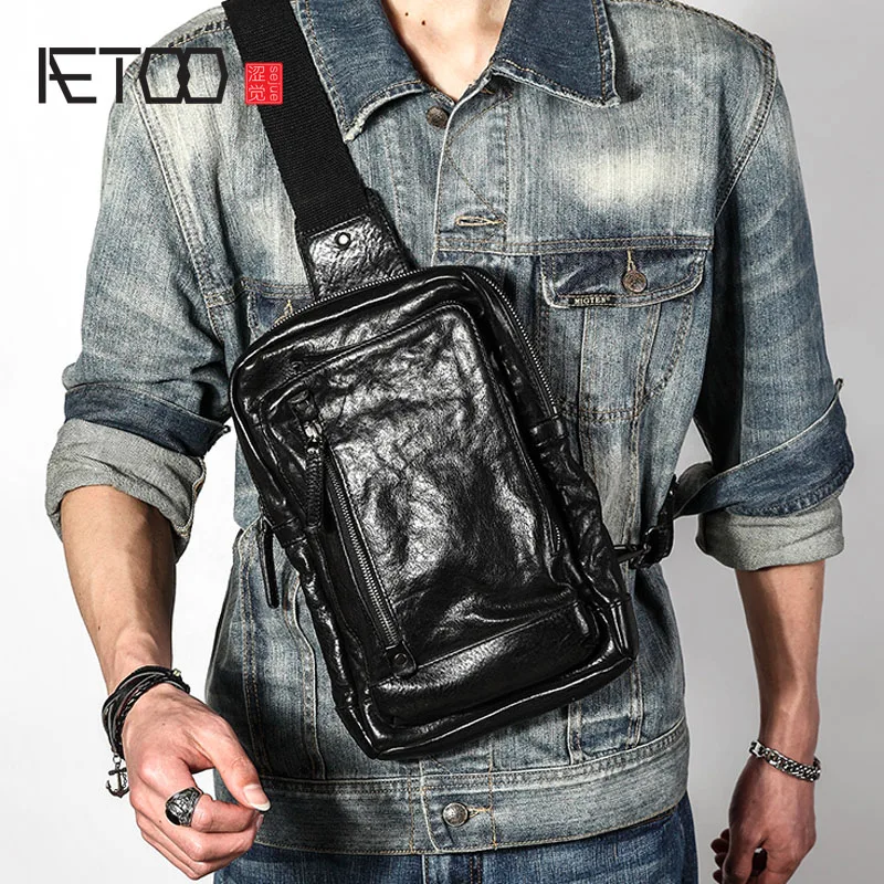 

AETOO The first layer of leather chest bag men's leather soft leather chest bag large capacity casual bag men's bag multi-functi