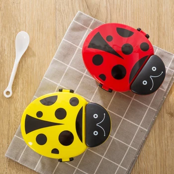 

Kitchen Tableware PP plastic color Cartoon Ladybug Children double-deck portable Microwave Sushi Lunch Box with spoon