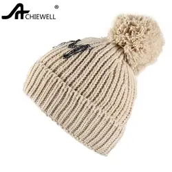 Achiewell помпоном зимние белые Шапки для Для женщин Повседневное лоскутное шапочка высокое качество теплый капот Femme Модные женские Тюрбан Hat