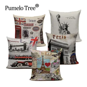 

Famous Places cushion cover Vintage architecture Roman Theatre Eiffel Tower Triumphal Arch Tower Printed Linen Cushion Cover