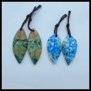 

2 Pairs Natural Gemstone Carved Leaf Chrysocolla with Lapis Lazuli fashion women Earring Bead,34x13x5mm,6.2g,28x14x5mm,5.8g