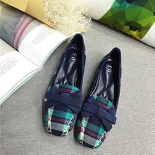 Fashion Plaid cloth style women shoes lady bow low heeled shoes heel 2cm female square head