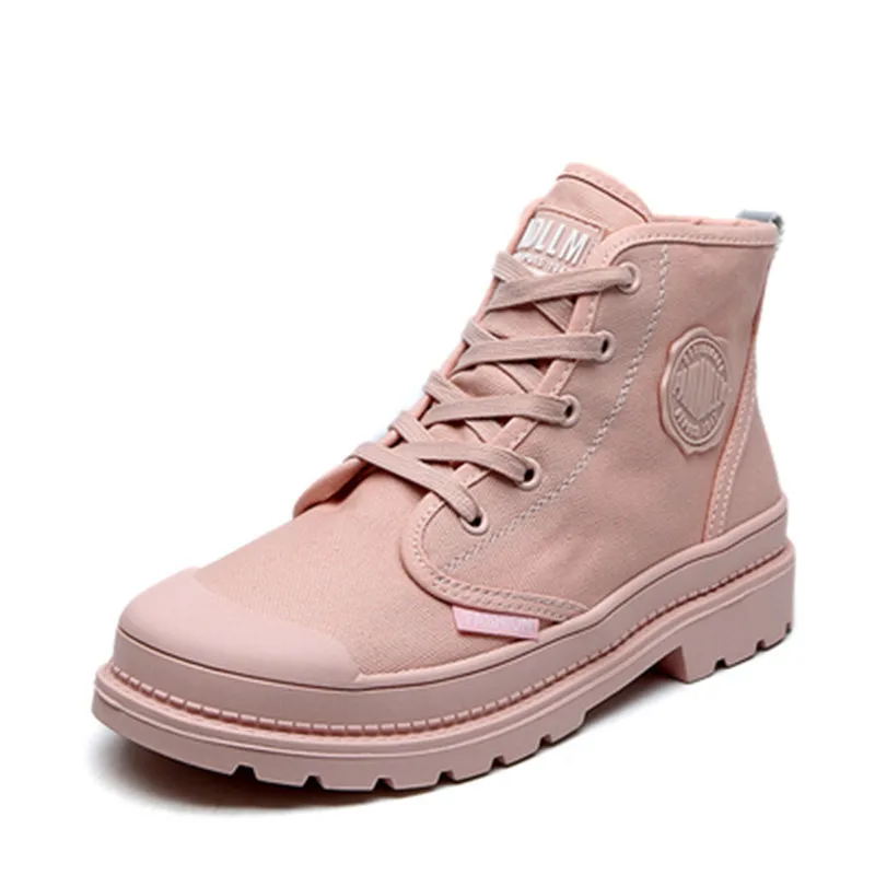 

Women's Hand made Martin boots Canvas Ankle Boots autumn Retro high tops sneakers Genuine Leather Female boots anti-skid sole