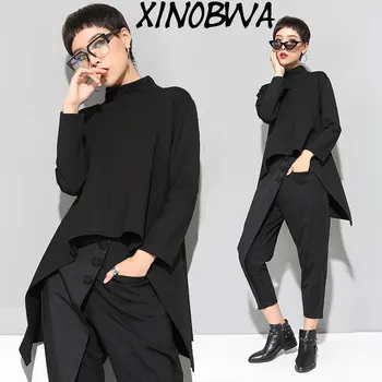 

Women Spring Autumn High Street Fashion Personality Stand Collar Asymmetrical T Shirt Tops Female Casual Loose Christmas Shirt