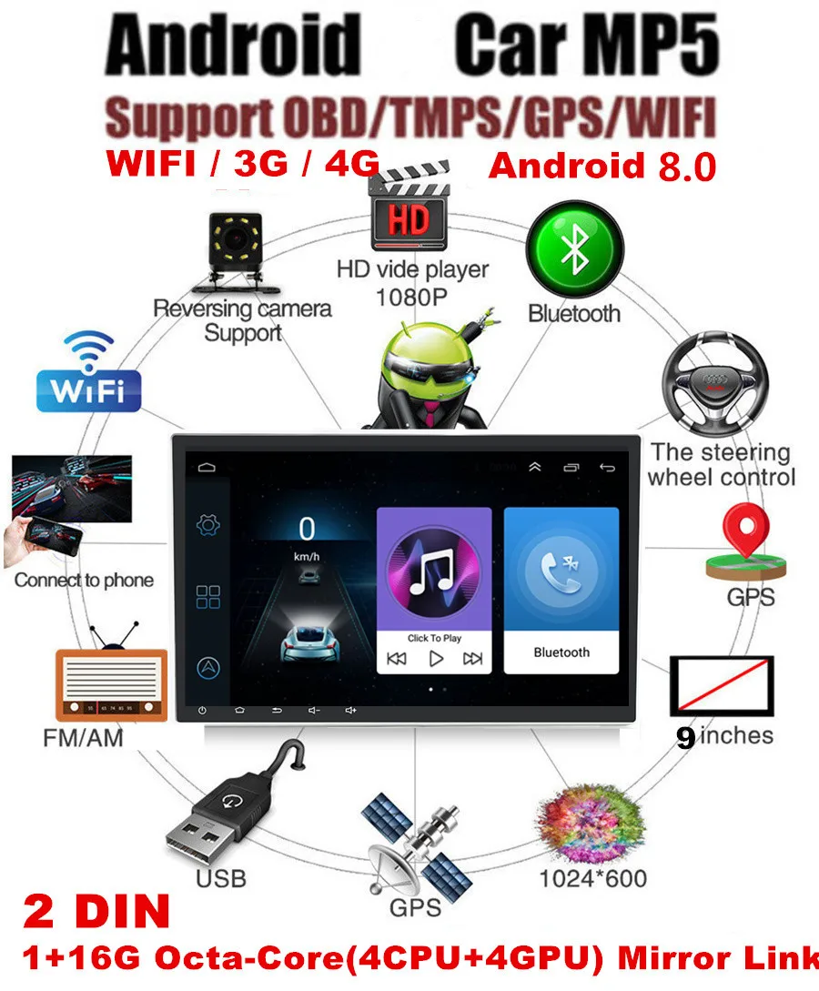 " Универсальный 2DIN Android 8,0 1080P Сенсорный экран 8-ядерный+ 1 Гб RAM+ 16ROM автомобильная стереосистема радио gps Wi-Fi 3g 4 г BT DAB Зеркало Ссылка OBD