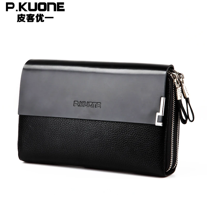 P.kuone Business Double Zipper Genuine leather Men Day Clutch Bag/Fashion...