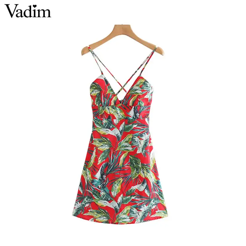 

Vadim women sexy V neck floral print mini dress backless spaghetti straps sleeveless female casual dresses summer vestidos QB904