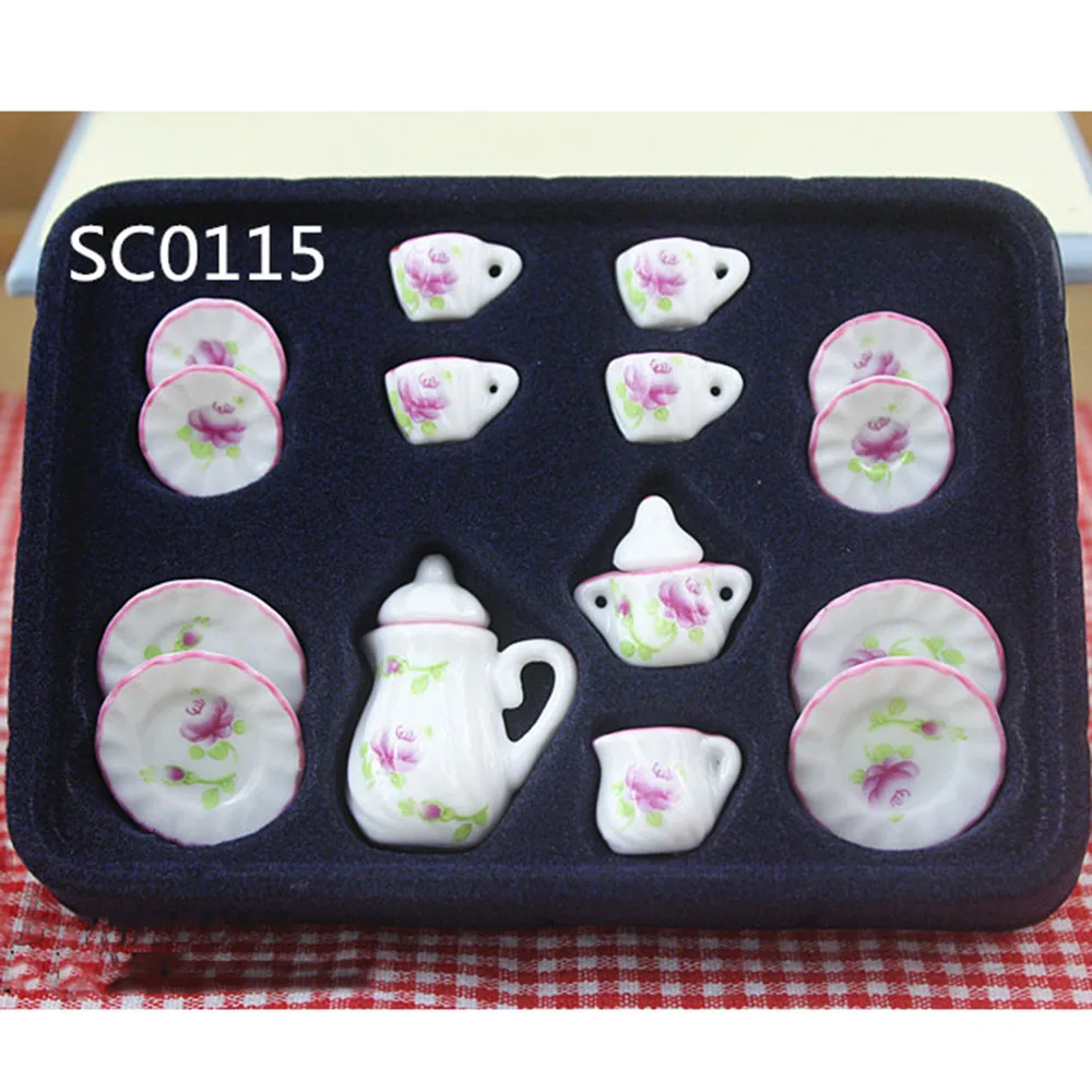 15Pcs 1/12 Dollhouse Miniature Accessories Mini Ceramics Tea Set Simulation Kettle Plate Cup Model Toys Doll House Decoration