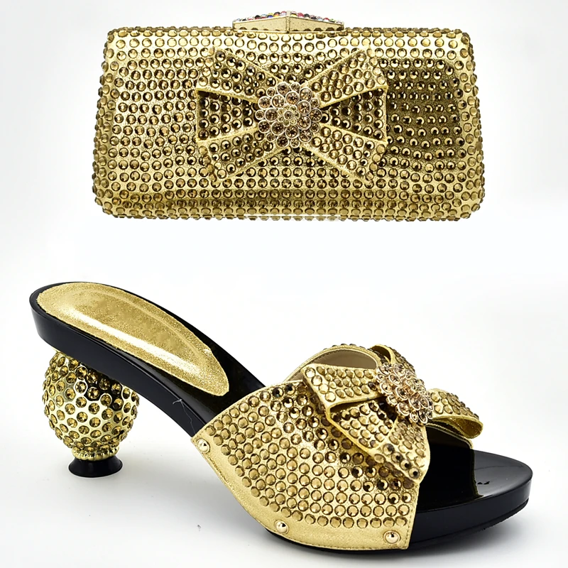 Новейший дизайн; Итальянская обувь с сумочкой в комплекте; женские модельные туфли; женские Босоножки с открытым носком на каблуке; женские вечерние туфли-лодочки в нигерийском стиле - Цвет: Золотой