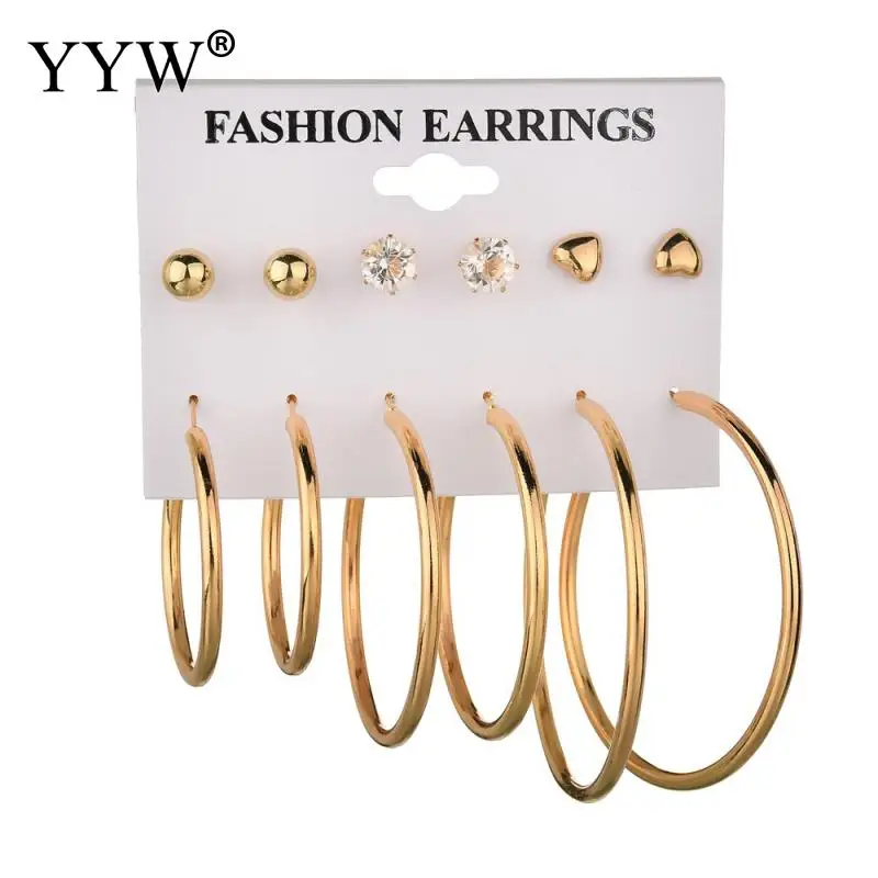 6 Pairs/Set Zinc Alloy Earring Set Gold Color Plated For Woman With Rhinestone Nickel Lead Cadmium Free 4mm 5mm 6mm Sold By | Украшения и