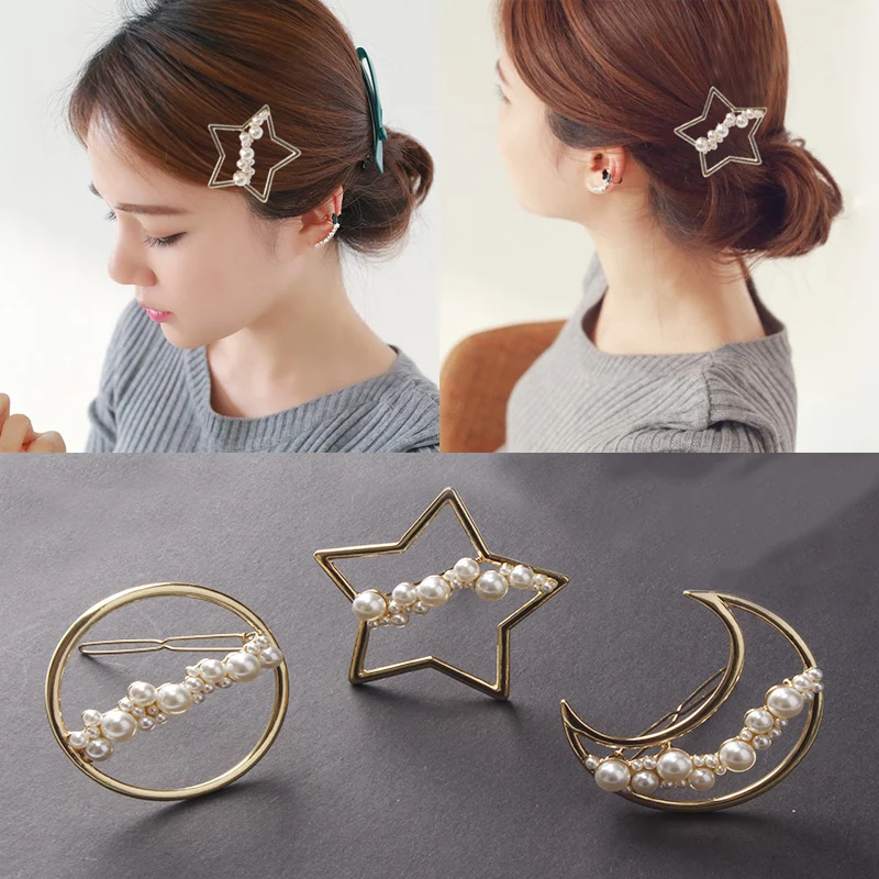 AOMU милые имитирующие жемчужные Заколки в форме звезды, Луны металлические золотые заколки для волос аксессуары для волос для женщин и девушек