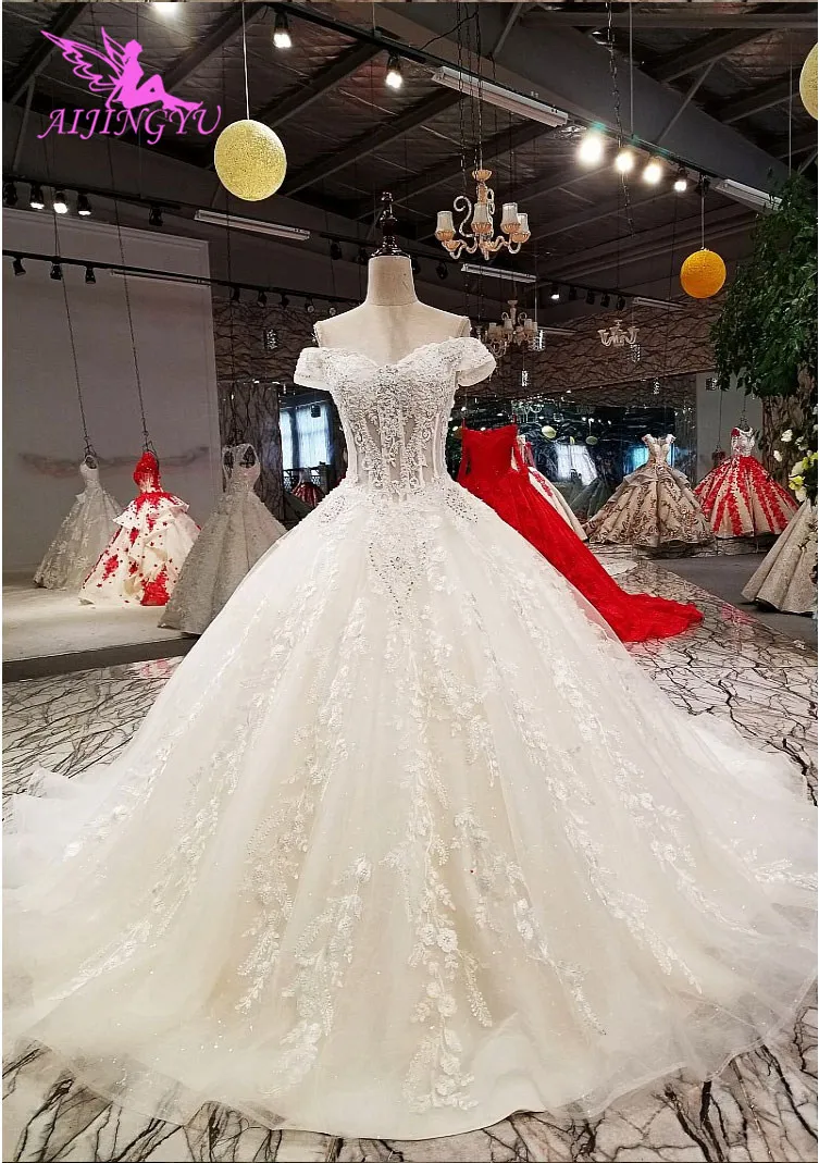 AIJINGYU Sexy Wedding Dresses Short Gown Bridal Lace Organza Cheap Off White Second Marriage Gowns Designer Wedding Dress tea length wedding dress