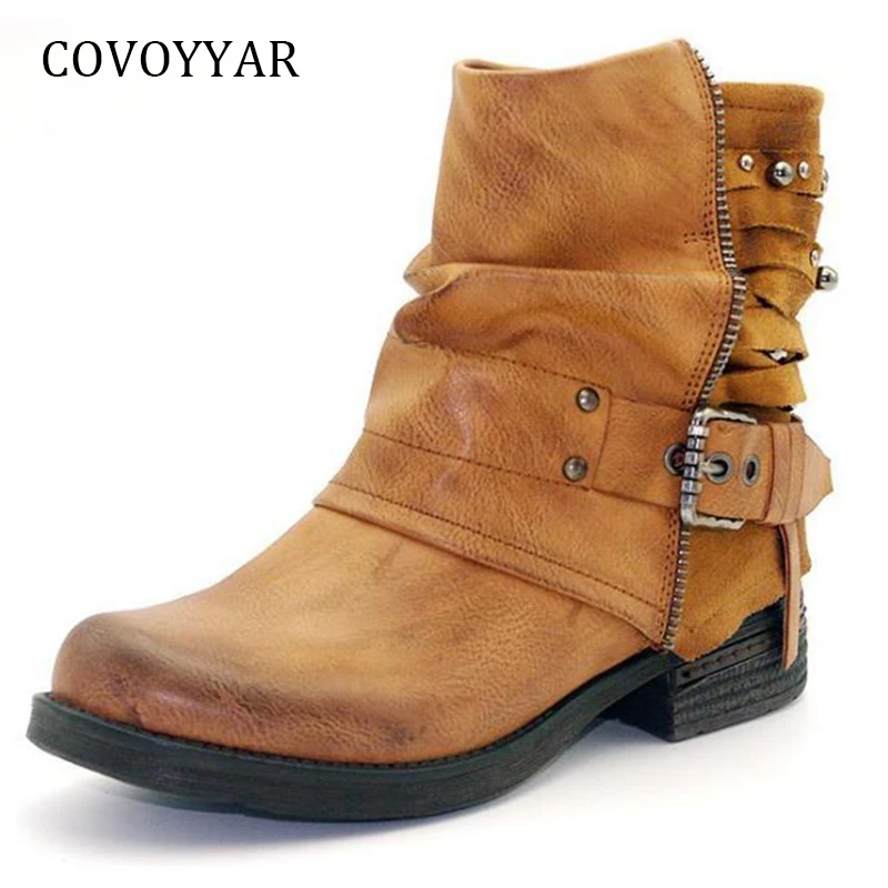 

COVOYYAR 2019 Vintage Ankle Boots Women Winter Autumn Buckle Rivets Women Punk Boots Side Zip Mid Heel Designer Shoes WBS943