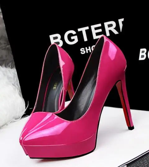 2018 spring and autumn new 12CM pointed super high heel stiletto waterproof platform sexy shallow mouth patent leather shoes wom