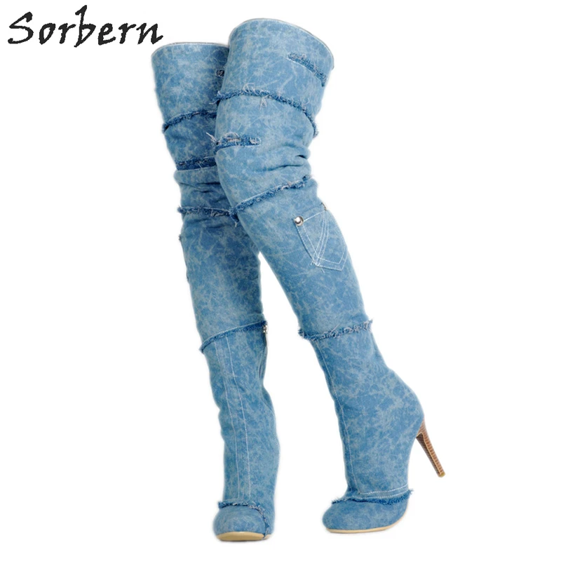 denim thigh boots
