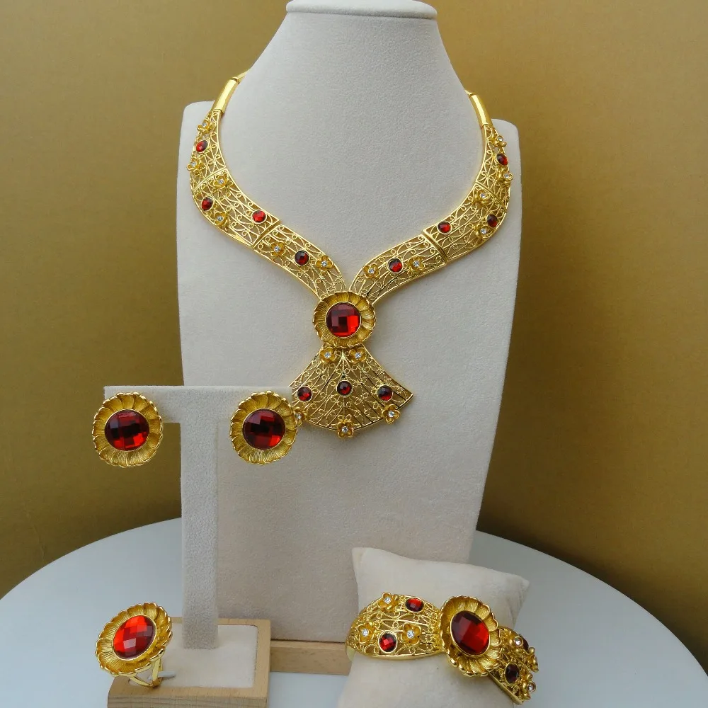 

Yuminglai 2019 Unique Design African Bridal Jewelries Dubai Red Stone Engagement Jewelry Sets FHK5876
