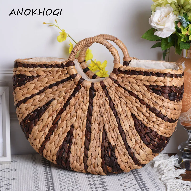

2019 INS Hot Straw Woven Women Tote Bags Striped Geometric Ladies Beach Half Moon Top-handles Handbag B446
