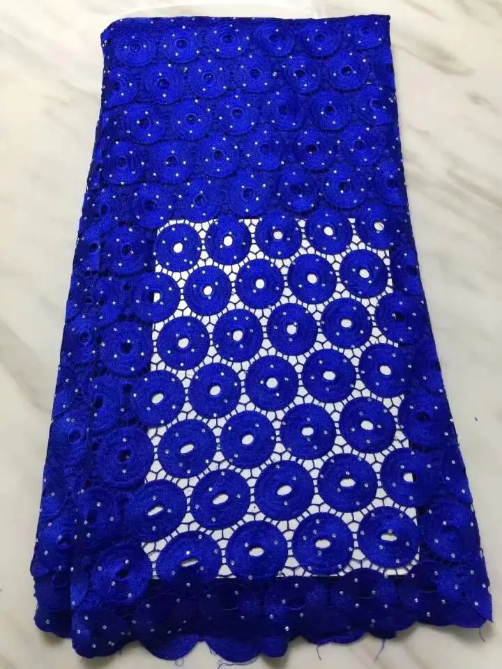 

5Yards/pc Beautiful royal blue round embroidery african water soluble lace with stones french cord lace for dress BW164-17