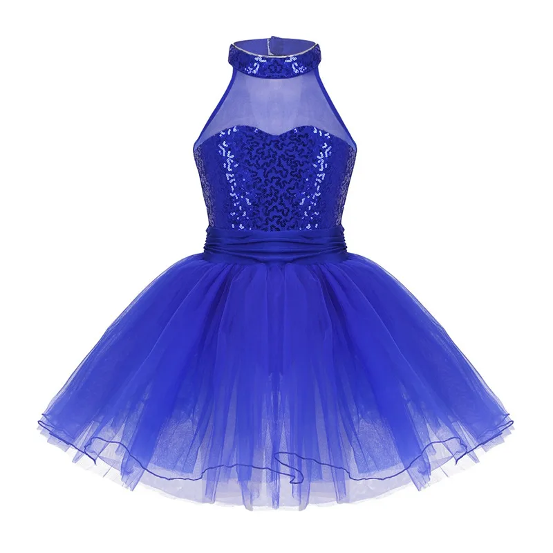 Blue Kids Girls Mock Neck Ballet Dance Dress Gymnastic Leotard Shiny Sequins Sleeveless Mesh Splice Ballet Leotard Flower Girls Dress - Цвет: Blue