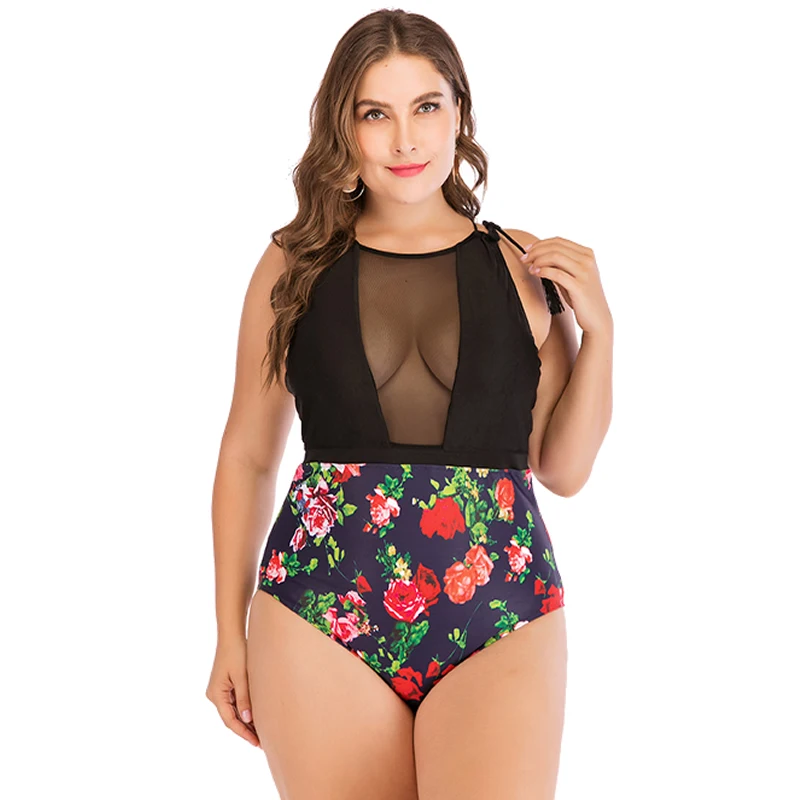 

Plus Size 3XL 4XL Floral Swimsuit For Women Sexy Bodysuit Flower Mesh Big Size One Pieces Swimwear Ladies Beachwear Large 2XL