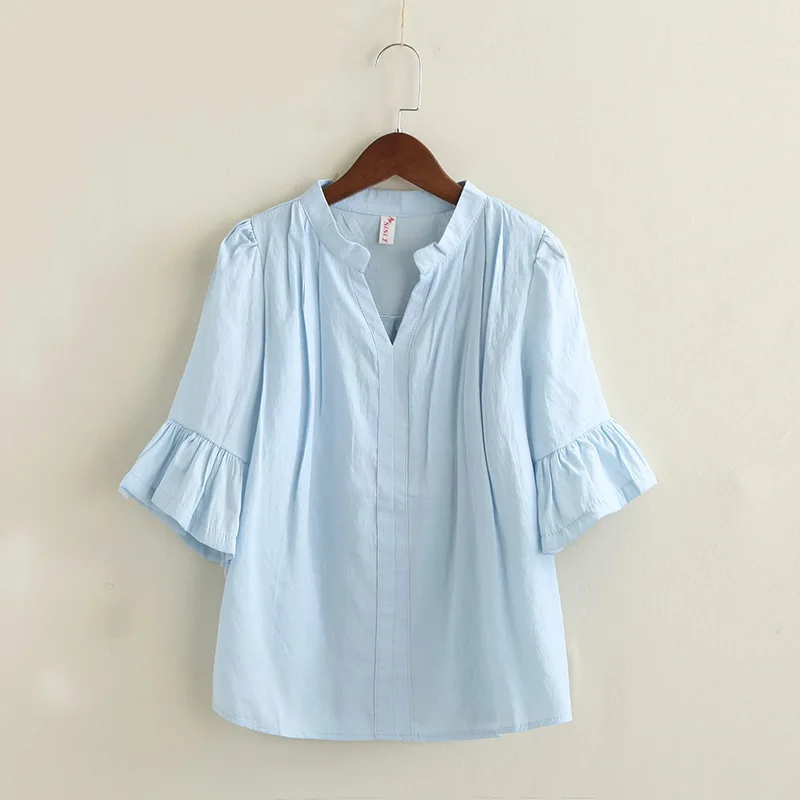 

Women Blue Blouse Female Loose Tops Half Sleeve V Neck Elegant Ladies Formal Office Blouse