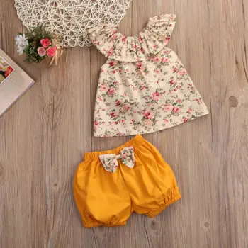 

2pcs Kids Baby Girls Toddles Summer Sweet Floral Ruffles T Shirt Tops+ Yellow Bowknot Shorts Baby Girl Clothes Sets