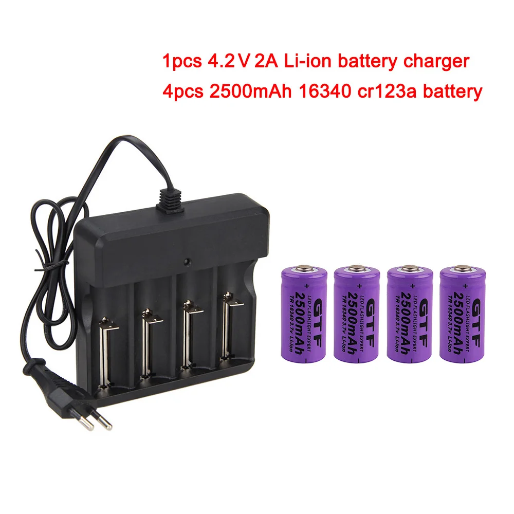 4 шт 3,7 V 2500mah 16340 аккумулятор CR123A литий-ионные аккумуляторы+ 1 шт EU/US 4,2 V 2A литий-ионный аккумулятор зарядное устройство AC100-240V - Цвет: picture color