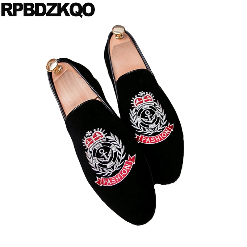 Embroidery Large Size Smoking Slippers Pointed Toe Loafers Runway Italian Mens Shoes Brands European Pointy Party Black Velvet | Обувь