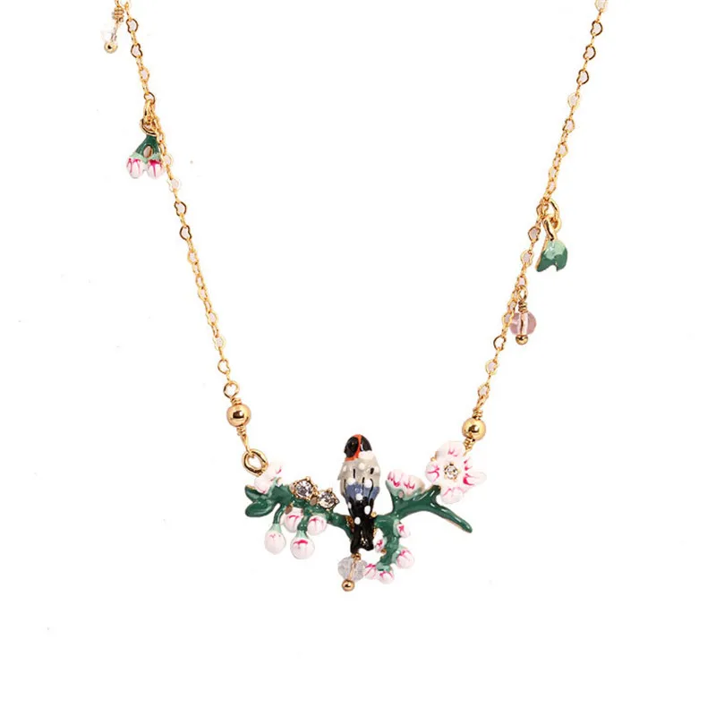 

Warmhome Lovely Jewelry Enamel Glaze Copper Fashion Oriole Bird Cherry Blossoms Flower For Women Necklaces