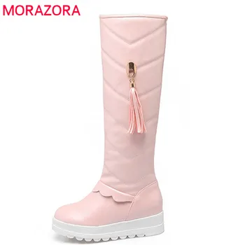 

MORAZORA 2020 newest snow boots women waterproof high quality round toe boots slip on simple platform shoes knee high boots