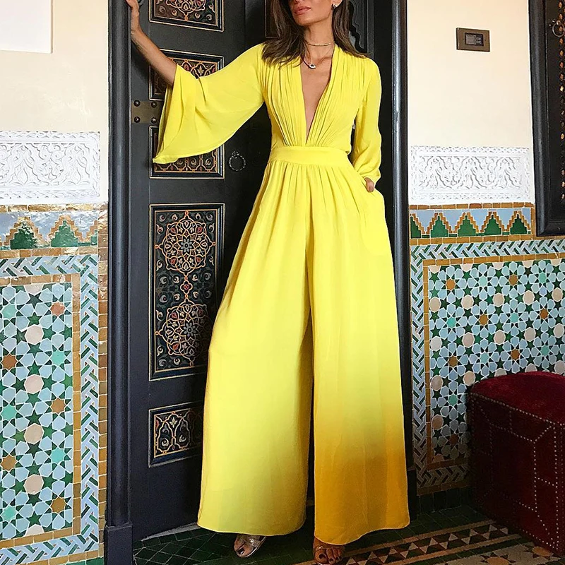 2018 New Arrival Summer Fashion Yellow Elegant Jumpsuit Female Ruched