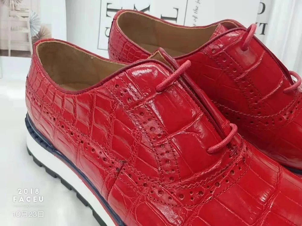 Натуральная крокодиловая кожа живота Мужская обувь Прочная прочная Глянцевая красная кожа крокодила Мужская модная спортивная обувь