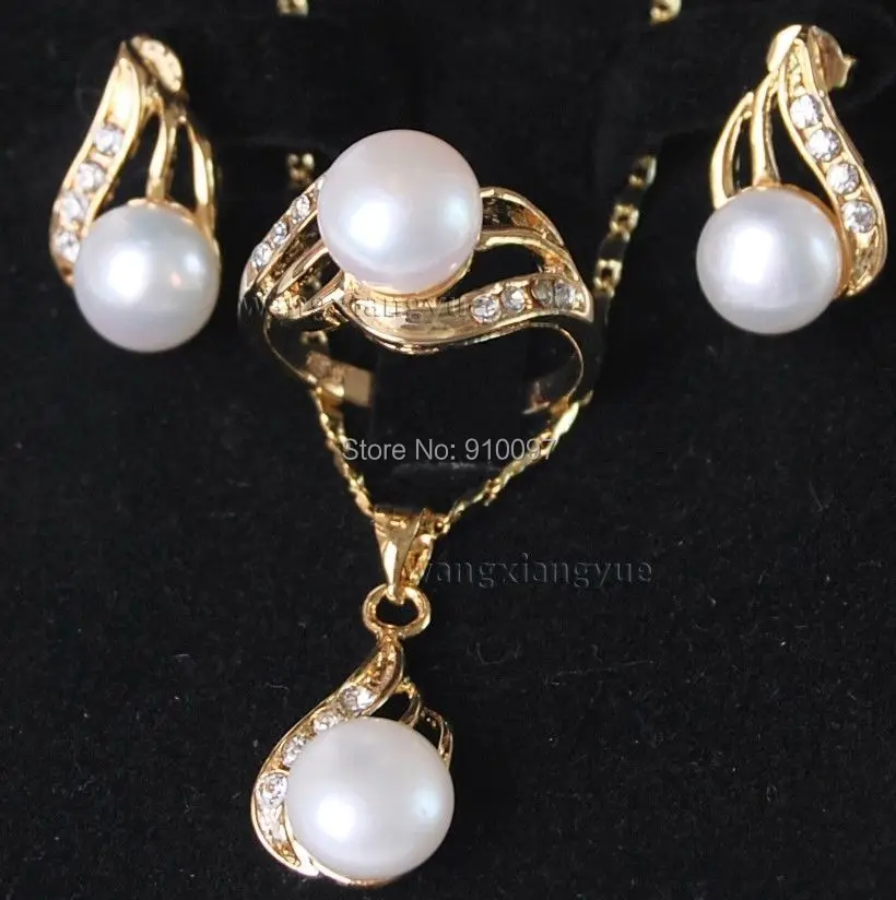 

LHX54012>>Genuine White Akoya Cultured Pearl ring earrings Necklace Pendant Set AAA