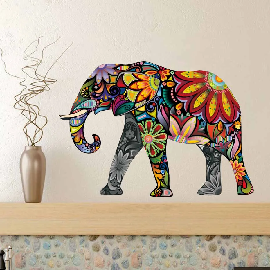 Big Size Elephant Wall Sticker Removable PVC Flower Pattern Elephant