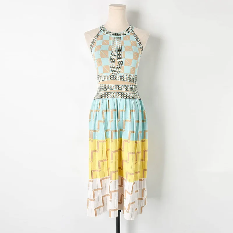 

New Bohemian Women Mid Long Dress Knitted Geometric Sexy Halter 2019 Summer Lady Vacation Chic Beach Dresses Sleeveless Vestido