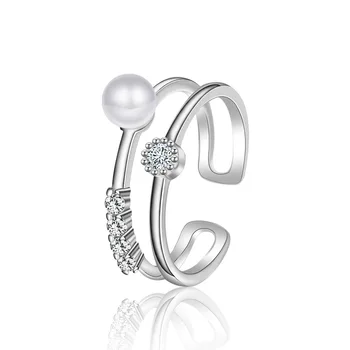 

Hot Women Rhinestone Imitation Pearl Double Rings Fashion 925 Sterling Silver CZ Crystal Geometry Index Finger Ring