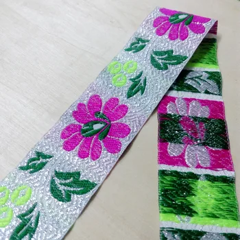 

4cm 40mm 1-5/8' Green Pink Flowers Silver Filigree Ribbon Beautiful Lace Costume Trim Laciness National Jacquard Garment Webbing