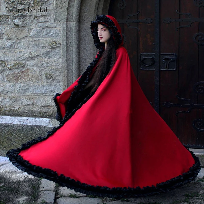 

Red Hooded Wedding Cape Long Jacket Cape Bridal Bolero Women Wrap shawls Medieval Vestios With Black Edge DJ110