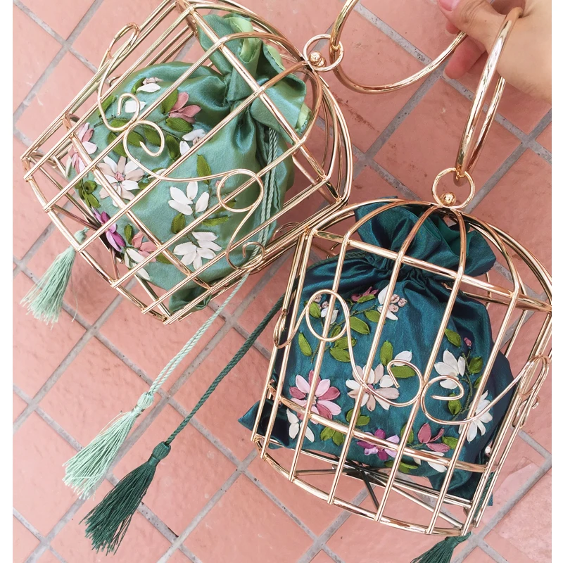 

New 2018 personalized fashion hollow metal cage designed satin fringed handbags evening bag purse unique party totes flap purse