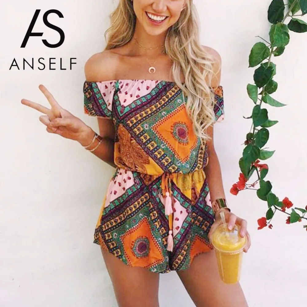 

Anself Off Shoulder Rompers Womens Jumpsuit Elegant Geometry Print Summer Short Overalls For Women Beach Playsuit Sexy Bodysuit