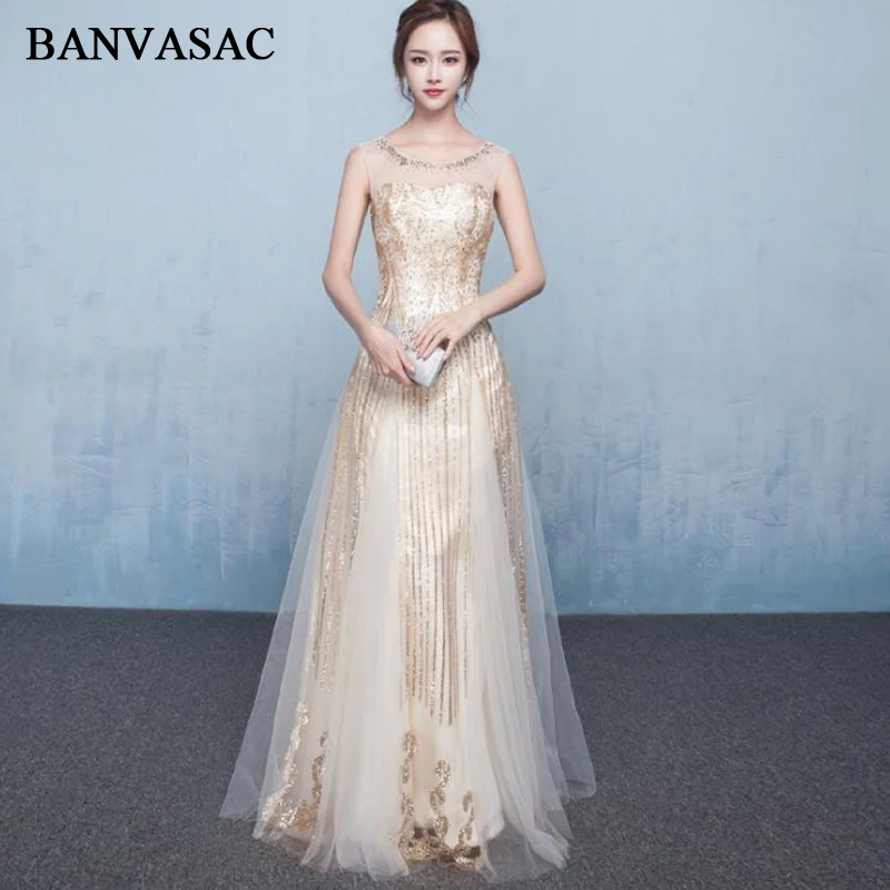 

BANVASAC 2018 O Neck Elegant Sequined A Line Long Evening Dresses Party Lace Embroidery Open Back Tulle Prom Gowns