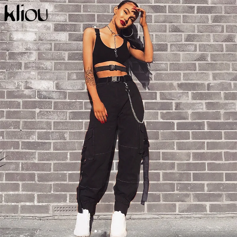 Kliou New Street Workout Fashion Women Cargo Pants 2018 Autumn Winter High Waist Sashes Pockets Solid Black Patchwork Trousers