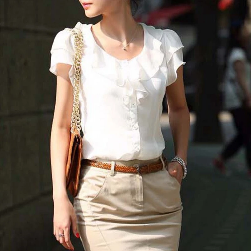 

Women Top Blusas Fashion Short Sleeve Ruffles Chiffon Blouse Solid White Tops Blusas Casual Summer Women's Blouses Plus Size 5XL