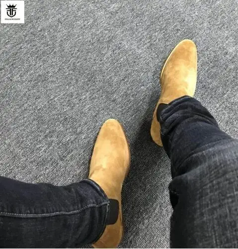 Brand High Quality Handmade Slip On Cow Suede Men Chelsea Boots New Leisure Luxury Wedge Boots Shoes Mens